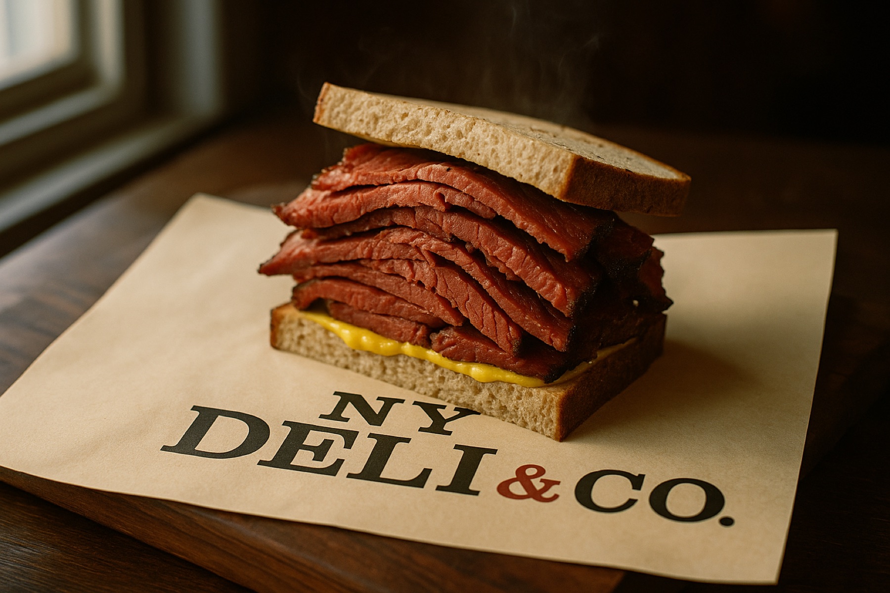 Hand-sliced hot pastrami on rye, wrapped in NY Deli & Co. butcher paper