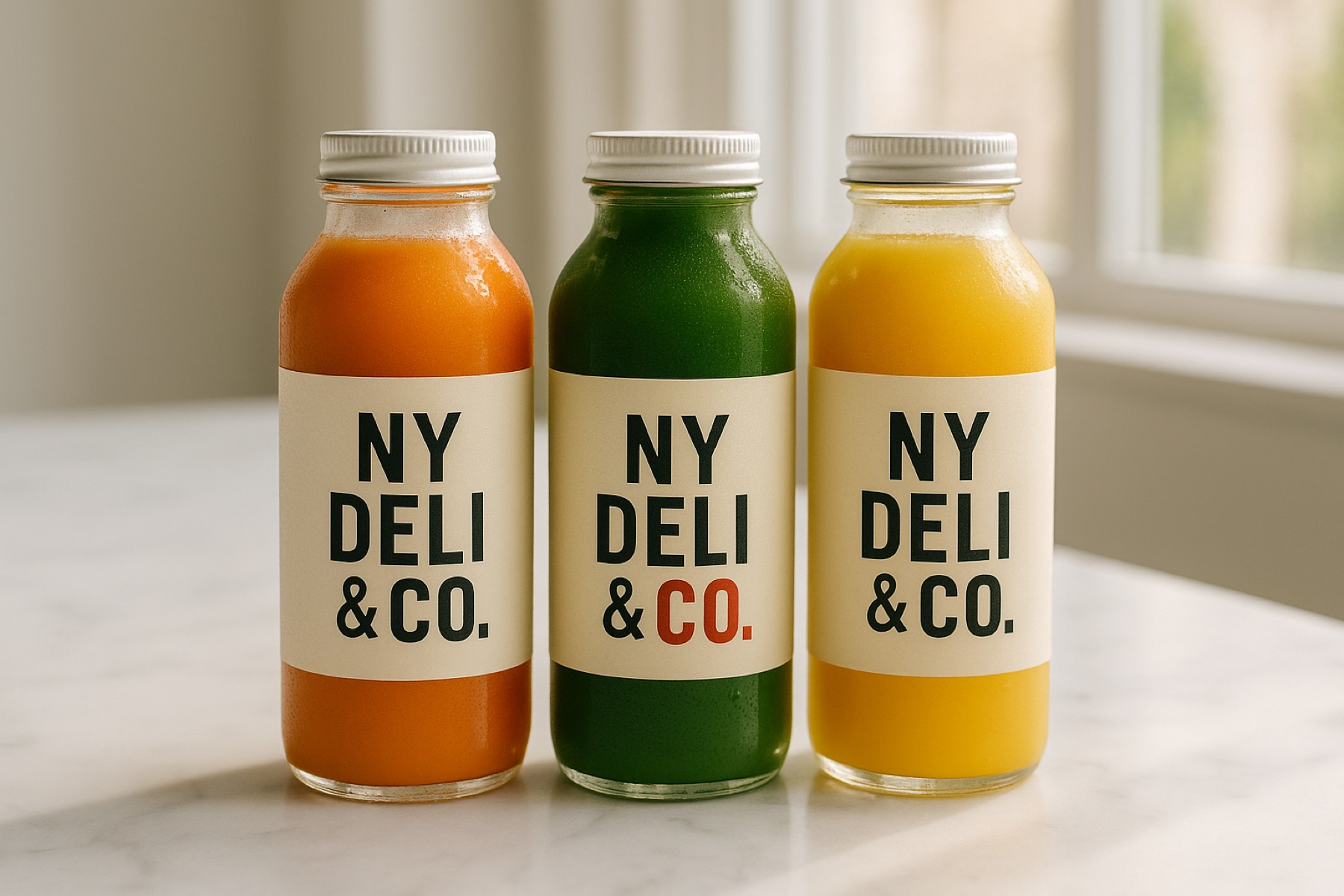 Three NY Deli and Co. cold-pressed juice bottles