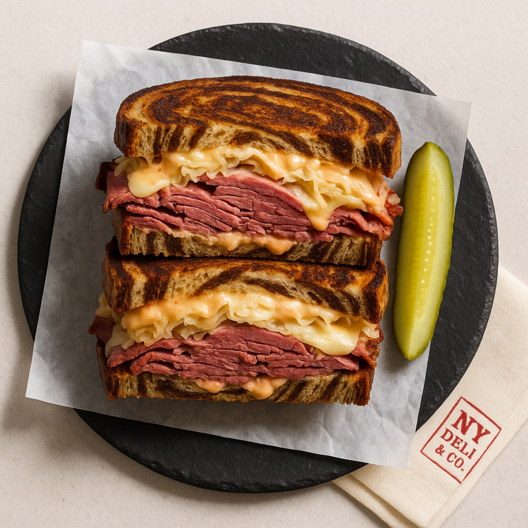 NY Deli and Co. Reuben sandwich on slate with branded napkin